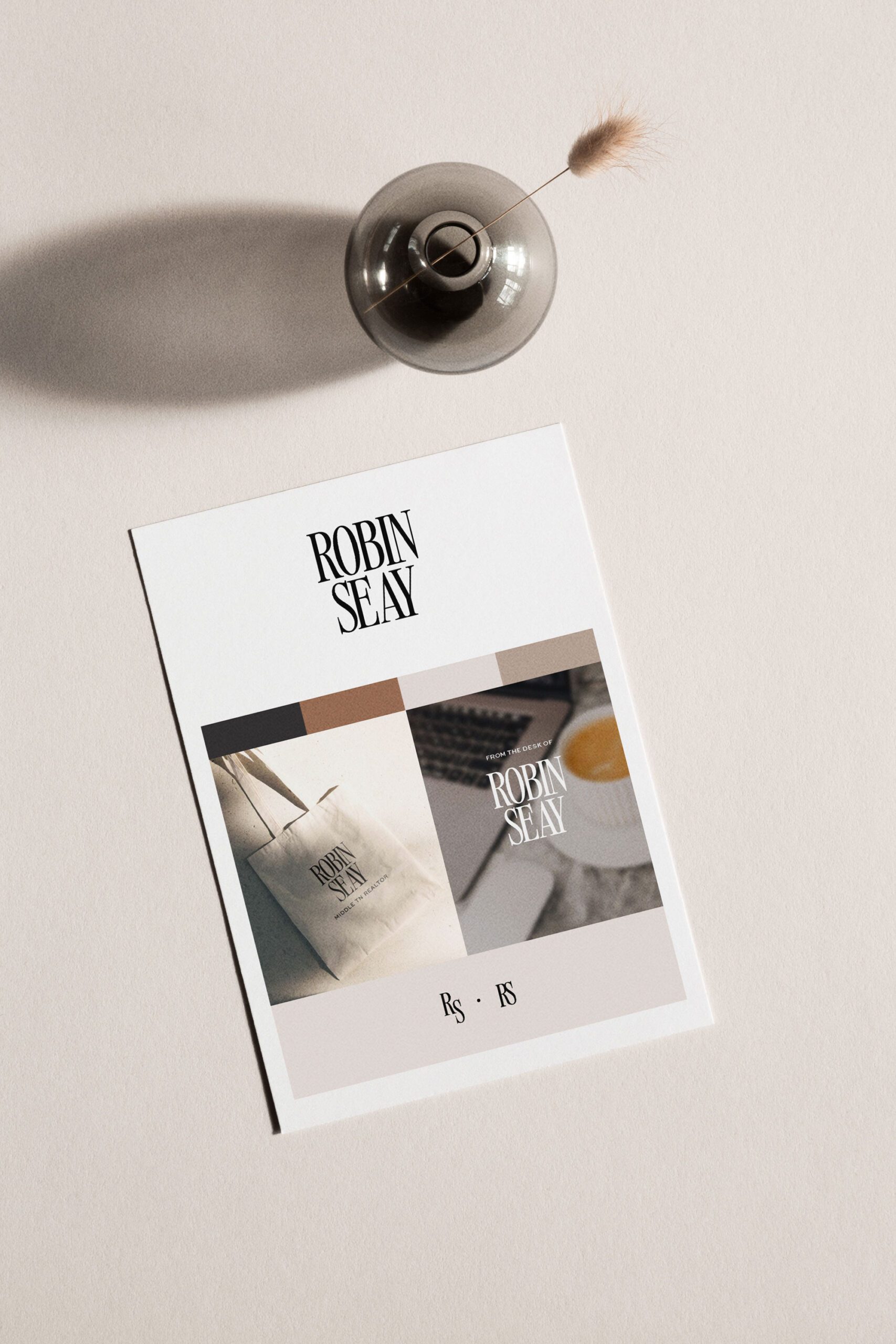 paper mockup of sophisticated brand identity with a vase